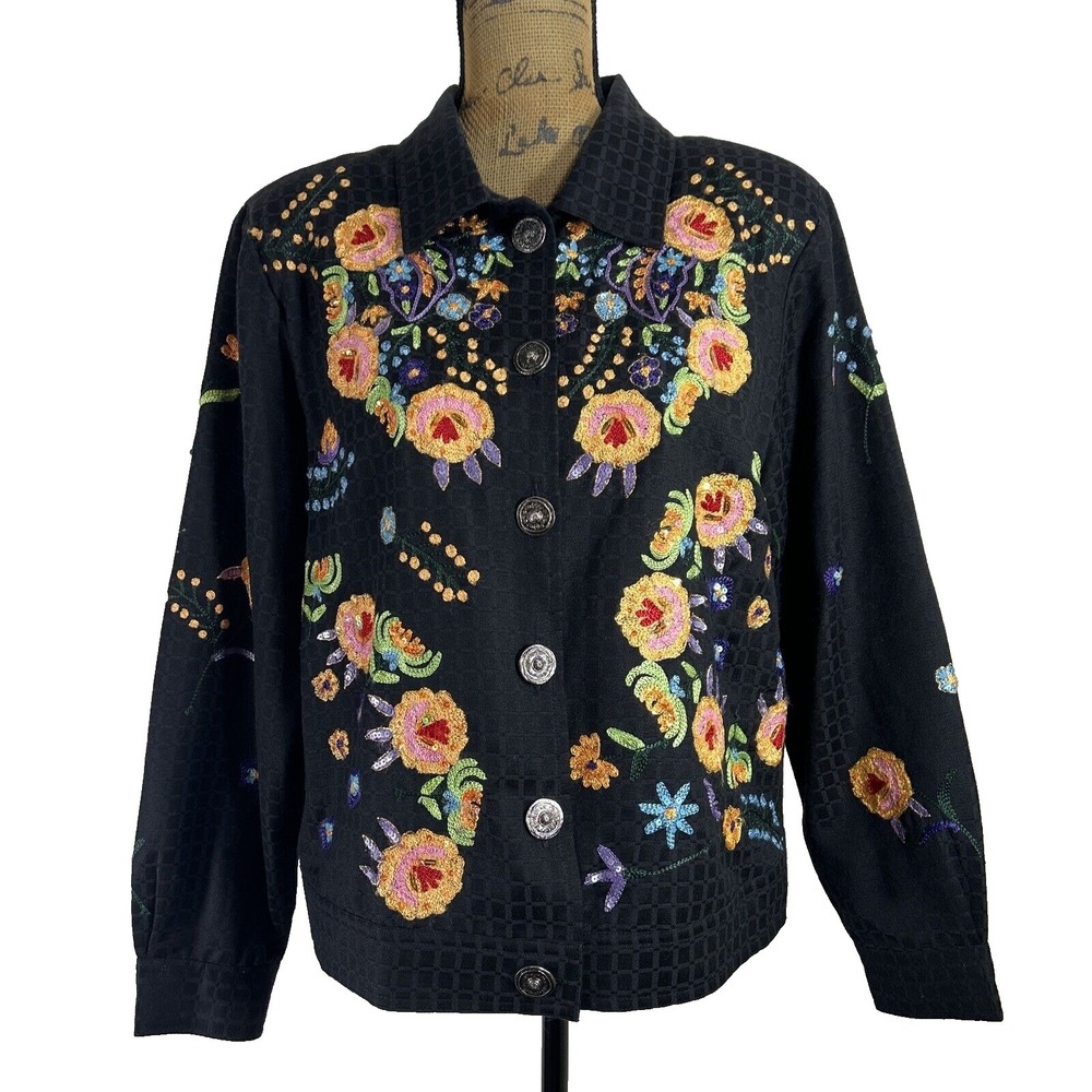 JULIA KIM‎ Jacket Size Large Art to Wear Embroider Flower Sequin Black Plaid